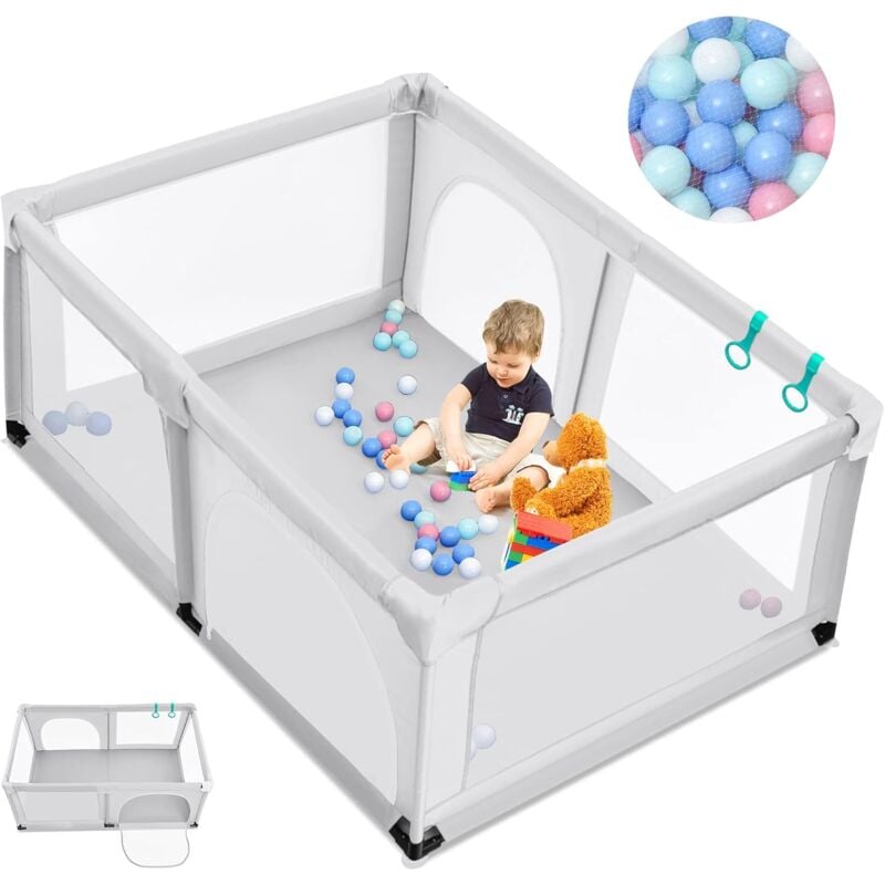 Parc Bébé avec 2 Poignées et 50 Balles Colorées, Aire de Jeu en Maille Respirante avec Porte de Sécurité, Ventouses Antidérapantes, Clôture Intérieur