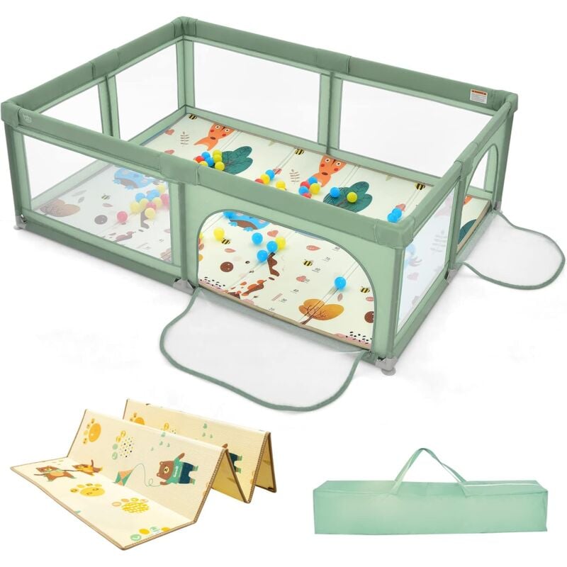 Parc Bébé en Tissu avec Tapis Antidérapant, Centre d'Activité Enfants avec Maille Respirante, 50 Boules, Sac de Transport Intérieur Extérieur pour