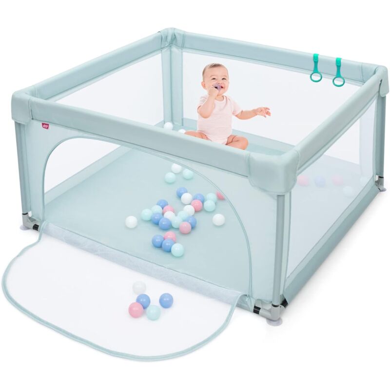 Parc Bébé en Tissu avec Tapis Antidérapant, Centre d'Activité Enfants avec Maille Respirante, 50 Boules, Sac de Transport Intérieur Extérieur pour