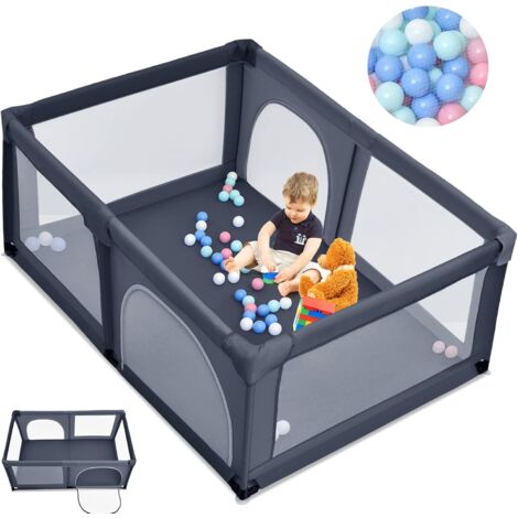 COSTWAY Parc Bébé, Aire d'Activités Portable pour Enfants avec Porte de Sécurité, Parois en Maille Respirante, Ventouses Antidérapantes et 50 Boules Colorées (120 x 190 x 68 cm, Gris Foncé)