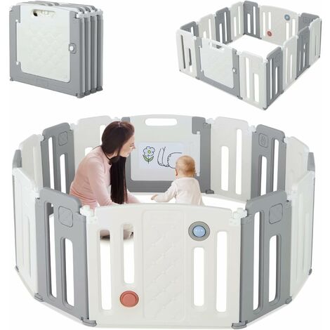 COSTWAY Parc Bébé Plastique Pliable 12+2 Panneaux d'Activité et de Porte avec Loquet de Sécurité Forme Personnalisable sans Perçage