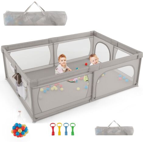 COSTWAY Parc pour Bébé avec 50 Balles Océaniques, Clôture pour Tout-Petits avec Maille Respirante, Centre d'Activités avec Base Antidérapante et Porte à Fermeture Eclair, 206×147×68,5CM (Gris Clair)