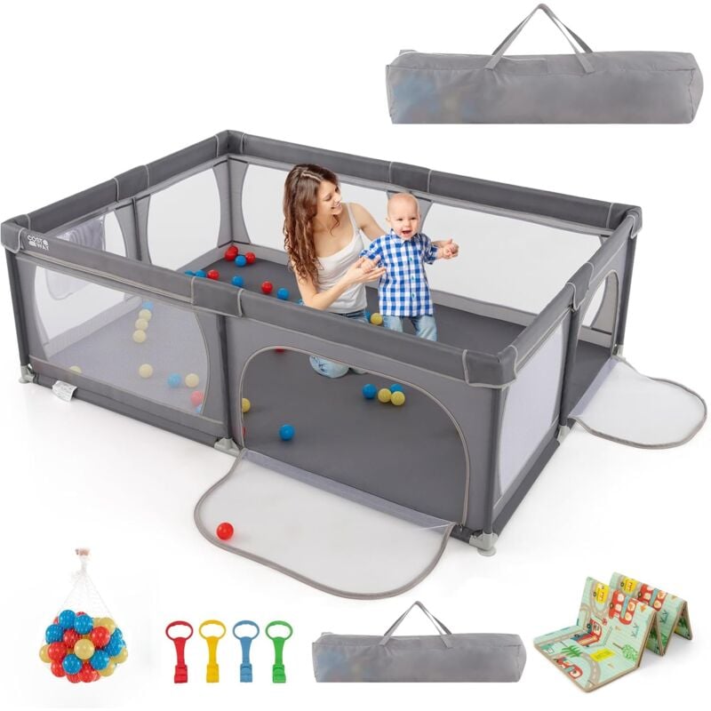 Parc pour Bébé avec 50 Balles Océaniques, Clôture pour Tout-Petits avec Maille Respirante, Centre d'Activités avec Base Antidérapante et Porte à