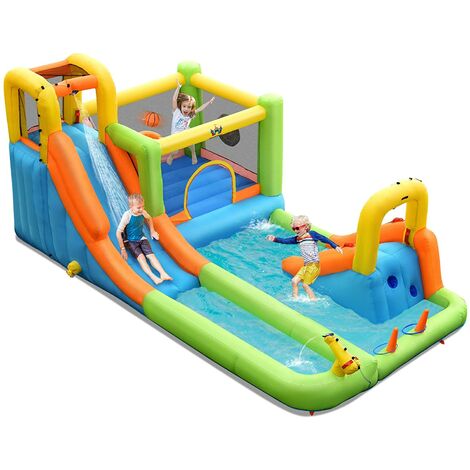 COSTWAY Parque Acuático, Casa Inflable con Doble Tobogán, Canasta de Baloncesto, Lanzador de Puntos, Juego de Lanzamiento de Anillos, Pared de Escalada, Incluye Anillos de Plástico (Sin Soplador)