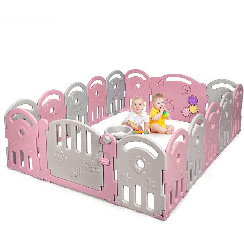 

COSTWAY Parque con 16 Paneles en HDPE para Niños, Centro Actividad Plegable con Cierre de Seguridad (rosa, 16 pedales)