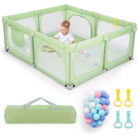 COSTWAY Parque Infantil Grande190 x 158 cm con 4 Anillas y 50 Bolas Oceánicas, Puerta con Cremallera y Malla Transpirable, Bolsillo y Bolsa de Transporte, para Bebés de 0-3 Años (Verde)