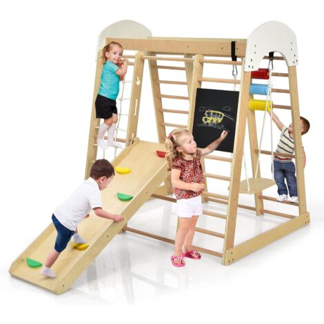 COSTWAY Parque infantil Set Escaldada de Madera 8 en 1 para Niños 3+ Años, Centro Actividad con Tobogán, Rocas de Escalar y Escalera, Red de Escalada, Barra Horizontal