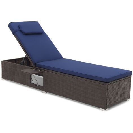 COSTWAY Patio Chaise Lounge Outdoor PE Rattan Lounge Chair-Navy