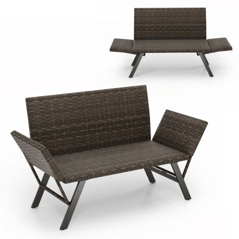 COSTWAY Patio Convertible Sofa for 2 Quick Dry Foam Padded Rattan Loveseat-Grey