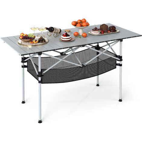COSTWAY Patio Folding Camping Table Portable Picnic Table w/Mesh Basket-Silver