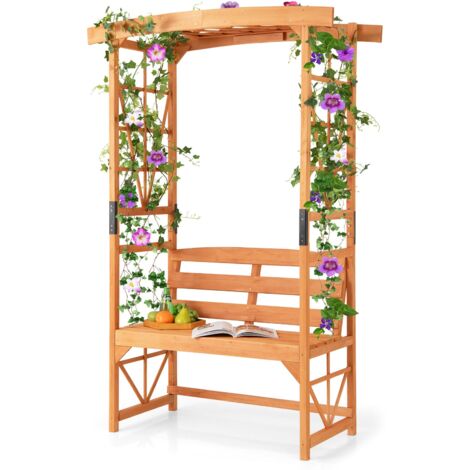 COSTWAY Patio Garden Arbor Garden Archway Wooden Outdoor Bench w/ Pergola
