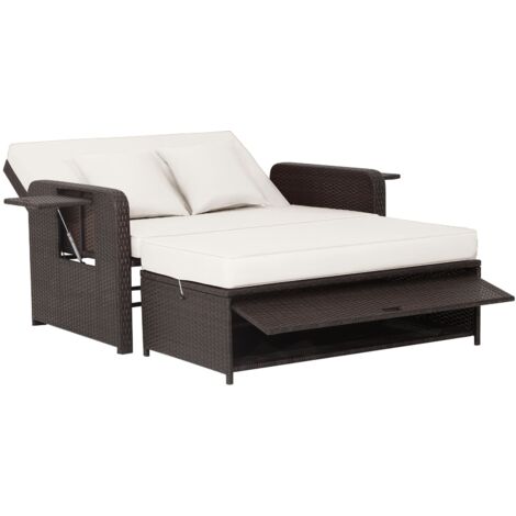 COSTWAY Patio Rattan Daybed Set Wicker Loveseat Sofa w/Ottoman & Side Tray-White