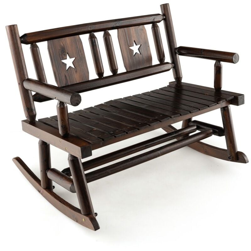 Patio Rocking Bench Carbonized Wood Double Rocker Lovesear w/ Ergonomic Seat