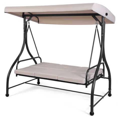 COSTWAY Patio Swing 3-Person Convertible Canopy Swing w/Cushion Seats-Beige