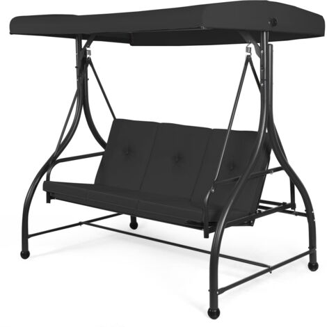 COSTWAY Patio Swing 3-Person Convertible Canopy Swing w/Cushion Seats-Black