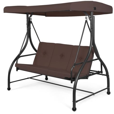 COSTWAY Patio Swing 3-Person Convertible Canopy Swing w/Cushion Seats-Brown