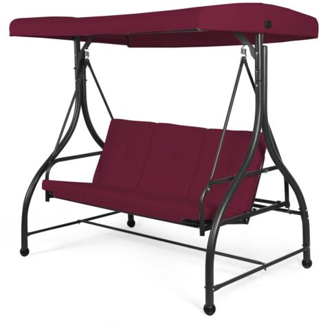 COSTWAY Patio Swing 3-Person Convertible Canopy Swing w/Cushion Seats-Wine