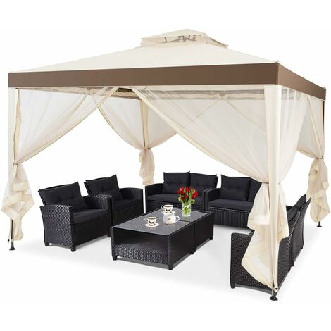 COSTWAY Pavillon Tonnelle de Jardin de 3x3M Autoportante avec Ornements 4 Rideaux de Moustiquaire Polyester 300 x 300 x 200/265 CM Beige