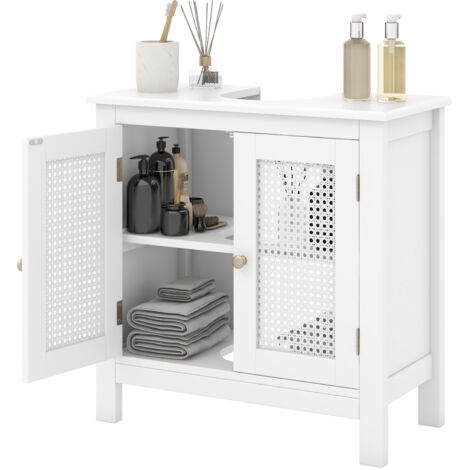 COSTWAY Pedestal Sink Storage Cabinet with 2 Rattan Doors-White