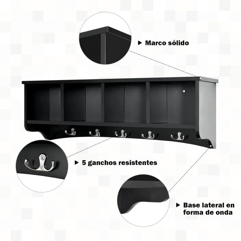 

Perchero Colgando con 4 compartimientos y 5 ganchos dobles, Armario de Entrada Montado a la pared, Complemento de decoración moderno (negro) - Costway