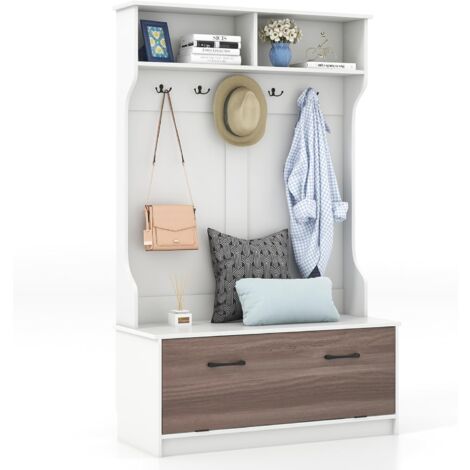 COSTWAY Perchero Entrada Recibidor con Zapatero, 1 Solapa, 5 Ganchos Dobles, 100 x 40 x 160 cm, Armario de Entrada, Armario Recibidor (Blanco)