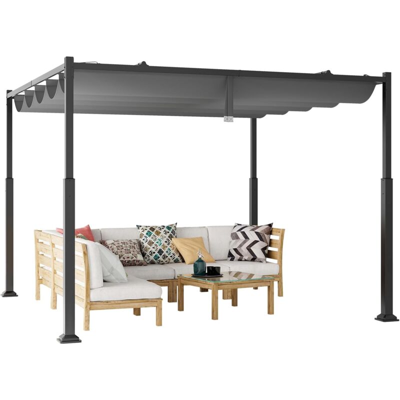 Pergola d'Extérieur 310 x 310 cm avec Auvent Rétractable, Abri Colonnes Métalliques Robustes Pavillon Moderne Pare-Soleil, Tonnelle pour Jardin Patio