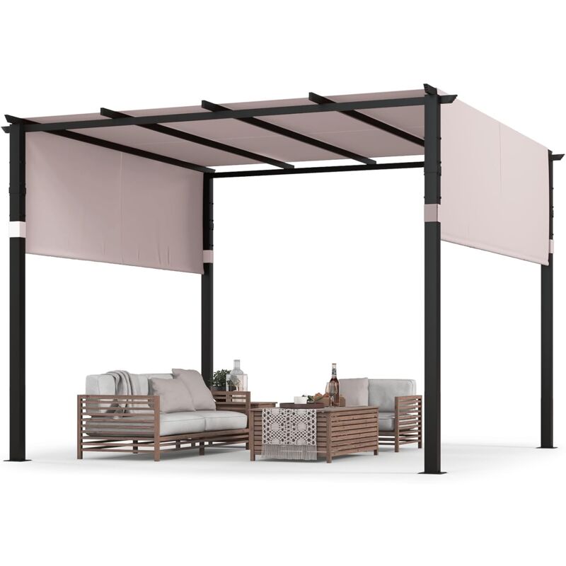 Pergola Rétractable d'Extérieur 305 x 305 cm, Pergola Métallique à Toit Plat pour Patio avec Auvent Rétractable 2 Couvre-soleils à Enrouleur,