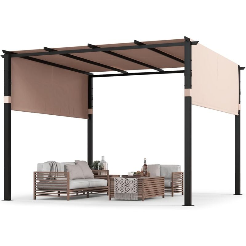 Pergola Rétractable d'Extérieur 305 x 305 cm, Pergola Métallique à Toit Plat pour Patio avec Auvent Rétractable 2 Couvre-soleils à Enrouleur,