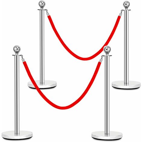 COSTWAY Personenleitsystem, 4 Abgrenzungsstaender mit 2 Kordeln, Absperrstaender Absperrpfosten Gurtpfosten Absperrung, Silber, Edelstahl