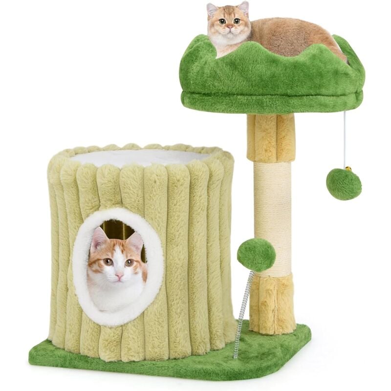 COSTWAY Petit Arbre a Chat 54 cm, Arbre a Chat Cactus, 2 Plateformes, Condo, Poteaux à Griffer en Sisal, Arbre a Chat Bois, 2 Pompons, Tissu en