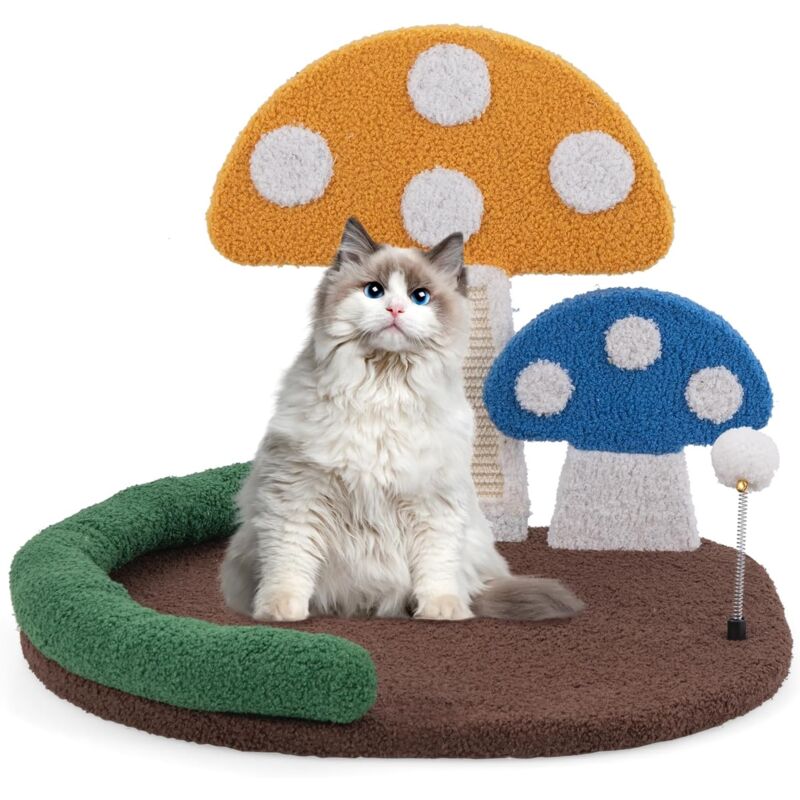 Petit Arbre a Chat, Arbre a Chat Mignon en Forme de Champignon, Planche à Griffer, Pompon à Ressort, Tour pour Chat 3 en 1, Appui-tête Rembourré,