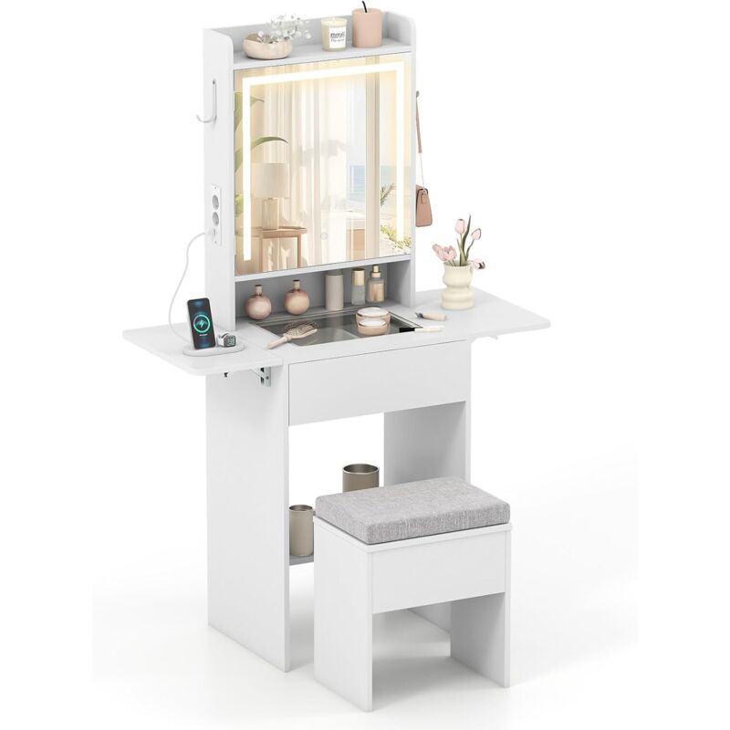 COSTWAY Petite Coiffeuse avec Miroir et Tabouret, 3 Modes dÉclairage, Station de Charge, Plateau en Verre, Panneaux Rabattables, Table de Maquillage,