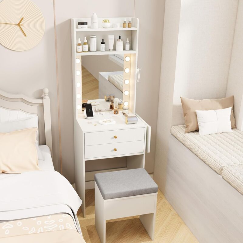Petite Coiffeuse avec Miroir et Tabouret, Coiffeuse avec Rangement, Lumières Réglables en 3 Couleur, Station de Charge, Table de Maquillage, Panneau