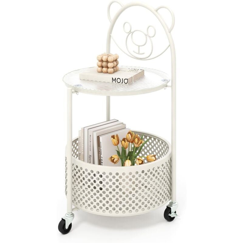 Petite Table Basse en Verre 2 Niveaux, Bout de Canapé Rond à Roulette avec Panier, Plateau en Verre Trempé, Cadre en Métal, Motif Ours, Desserte