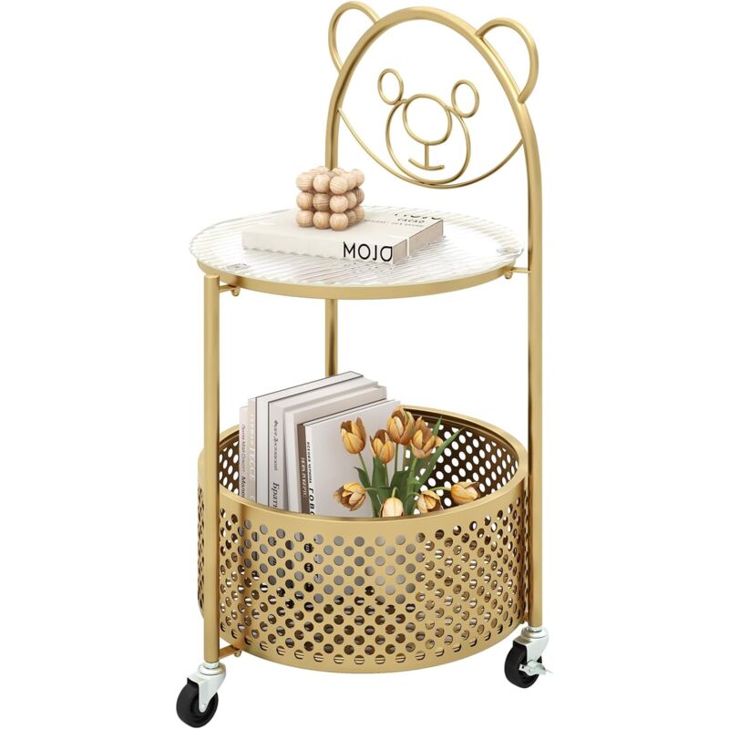 Costway - Petite Table Basse en Verre 2 Niveaux, Bout de Canapé Rond à Roulette avec Panier, Plateau en Verre Trempé, Cadre en Métal, Motif Ours,