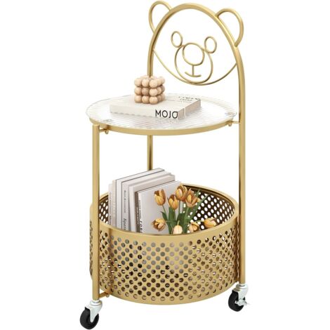 COSTWAY Petite Table Basse en Verre 2 Niveaux, Bout de Canapé Rond à Roulette avec Panier, Plateau en Verre Trempé, Cadre en Métal, Motif Ours, Desserte Chariot pour Salon, Chambre (Doré)