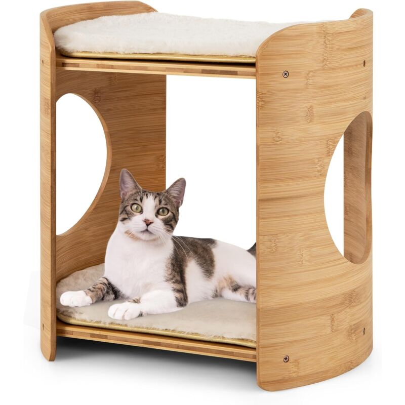 Petite Tour pour Chat 2 Niveaux, Petit Arbre à Chat, Cadre en Bambou, Coussins en Peluche Amovibles, Niche Plateforme pour 2 Chats, 40 x 33 x 41 cm