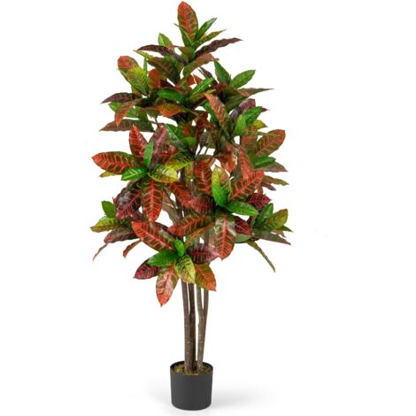 COSTWAY Pianta Finta di Croton 150 cm, Albero Artificiale da Interno ed Esterno, Pianta Tropicale in Vaso con Foglie Sfumate Finte, Ideale per Casa e Ufficio