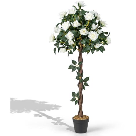COSTWAY Pianta Floreale Finta 120 CM, Albero di Fiori Artificiali con Rose Bianche, Vaso da Vivaio, Pianta in Vaso da Interno per Decorazione Interna per Ufficio e Casa