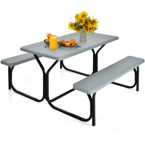 COSTWAY Picnic Table and Bench Set Portable Camping Trestle Table Chairs-Grey