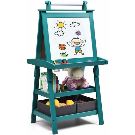 COSTWAY Pizarra de Doble Cara para Niño Caballete de Infantil Tablero de Pie con 2 Cajas de Almacenamiento,Rollo de Papel y Estantes (Azul)
