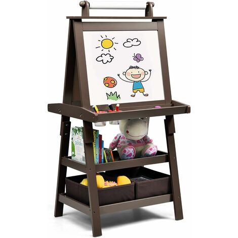 COSTWAY Pizarra de Doble Cara para Niño Caballete de Infantil Tablero de Pie con 2 Cajas de Almacenamiento,Rollo de Papel y Estantes (Color café)
