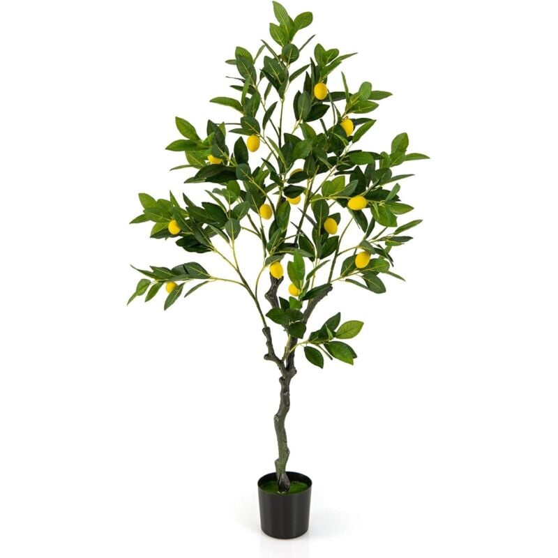 Plante Artificielle avec Pot Rempli de Ciment, Citronnier Artificiel avec Plante Verte Tronc Réaliste Mousse Simulée, Fausse Arbre Décoration du