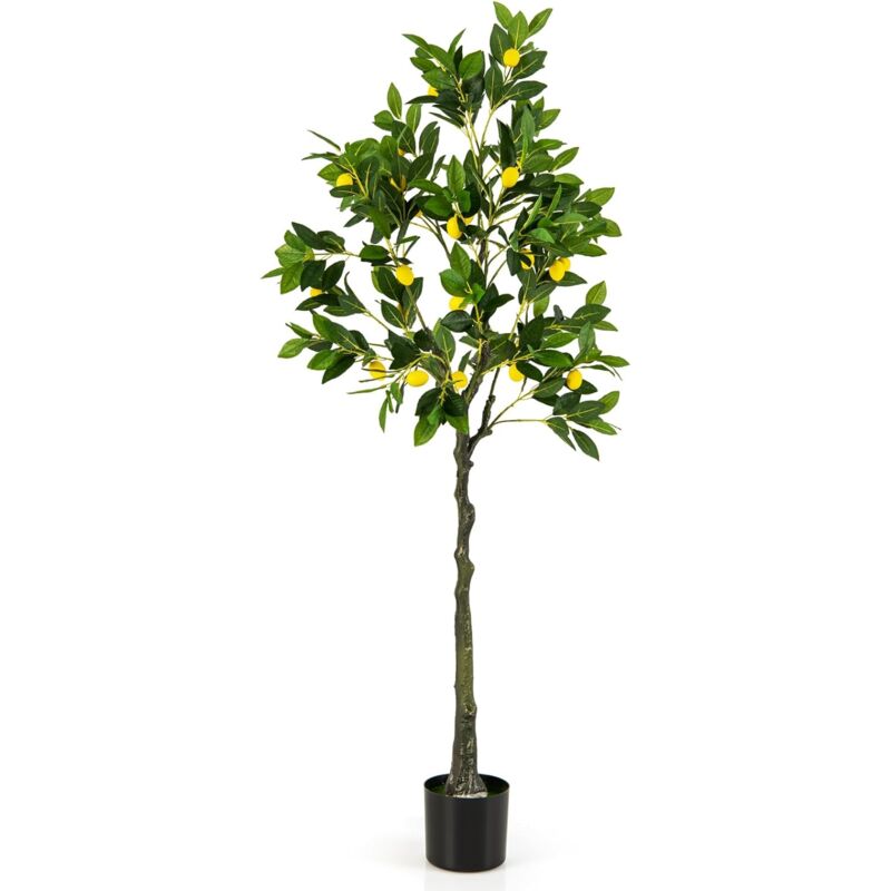 Plante Artificielle avec Pot Rempli de Ciment, Citronnier Artificiel avec Plante Verte Tronc Réaliste Mousse Simulée, Fausse Arbre Décoration du