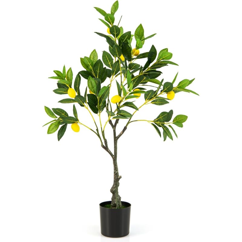 Plante Artificielle avec Pot Rempli de Ciment, Citronnier Artificiel avec Plante Verte Tronc Réaliste Mousse Simulée, Fausse Arbre Décoration du