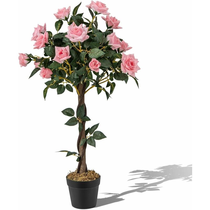 Costway - Plante Artificielle en Pot Remplies de Ciment 93CM avec 21 Roses, Fausse Rosier à Fleurs avec Tronc en Bois Véritable, Décoration Moderne