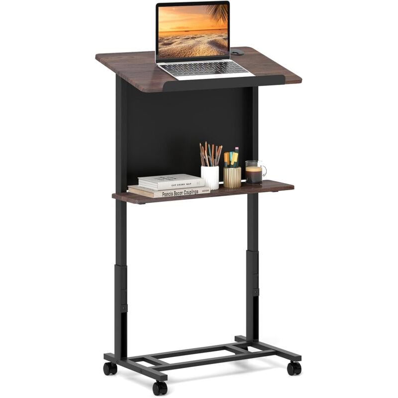 Costway - Podium Debout Mobile, Pupitre 103-125 cm, Petit Bureau Debout Roulant, Plateau Incliné avec Rebord, Lutrin avec Étagère pour Église,