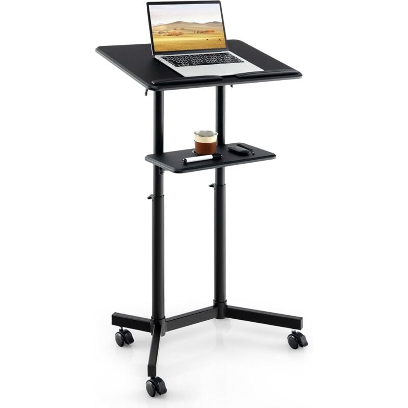 Costway - Podium Debout Mobile, Pupitre 104,5-128,5 cm, Petit Bureau Debout Roulant Surface Inclinée Réglable avec Rebord, Lutrin avec Étagère de