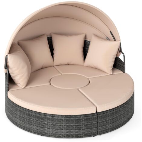COSTWAY Poltrona Letto Rotondo per Esterno con Tettuccio Retrattile, Set di Mobili da Giardino in Vimini di Rattan PE con Cuscini, Lettino da Esterno per Giardino, Piscina e Cortile (Beige)