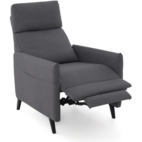 COSTWAY Poltrona Reclinabile, Poltrona in Tessuto di Lino con Schienale e Poggiapiedi Regolabili, Sedile Morbido Imbottito, 2 Tasche, per Soggiorno Camera da Letto, Carico 120 kg (Grigio scuro)